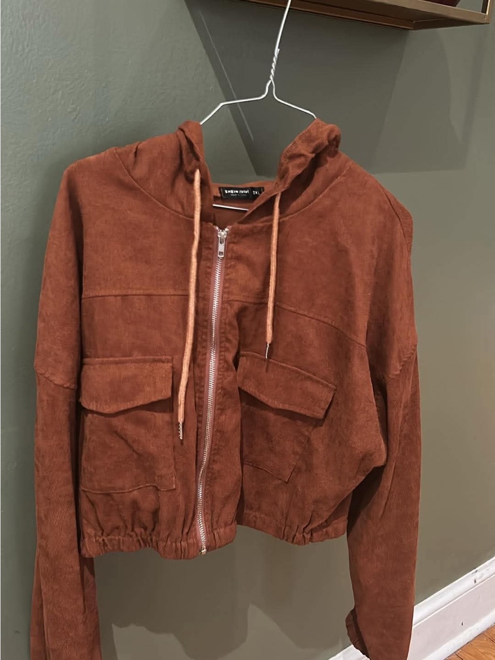 SHEIN curve Rust Suede-Look Hooded Zip Jacket